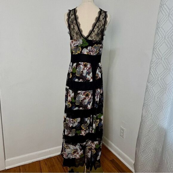 NWT Anthropologie Kasondra Babydoll Maxi Dress 8 Black Floral Asían Print Lace - Picture 2 of 15